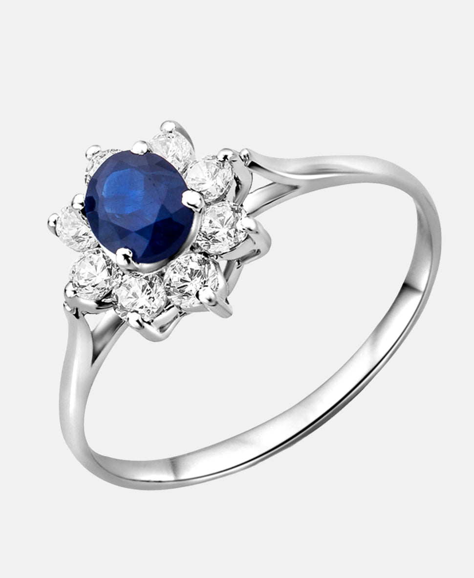 Ring aus 375 Weißgold mit Zirkonia mit Saphir