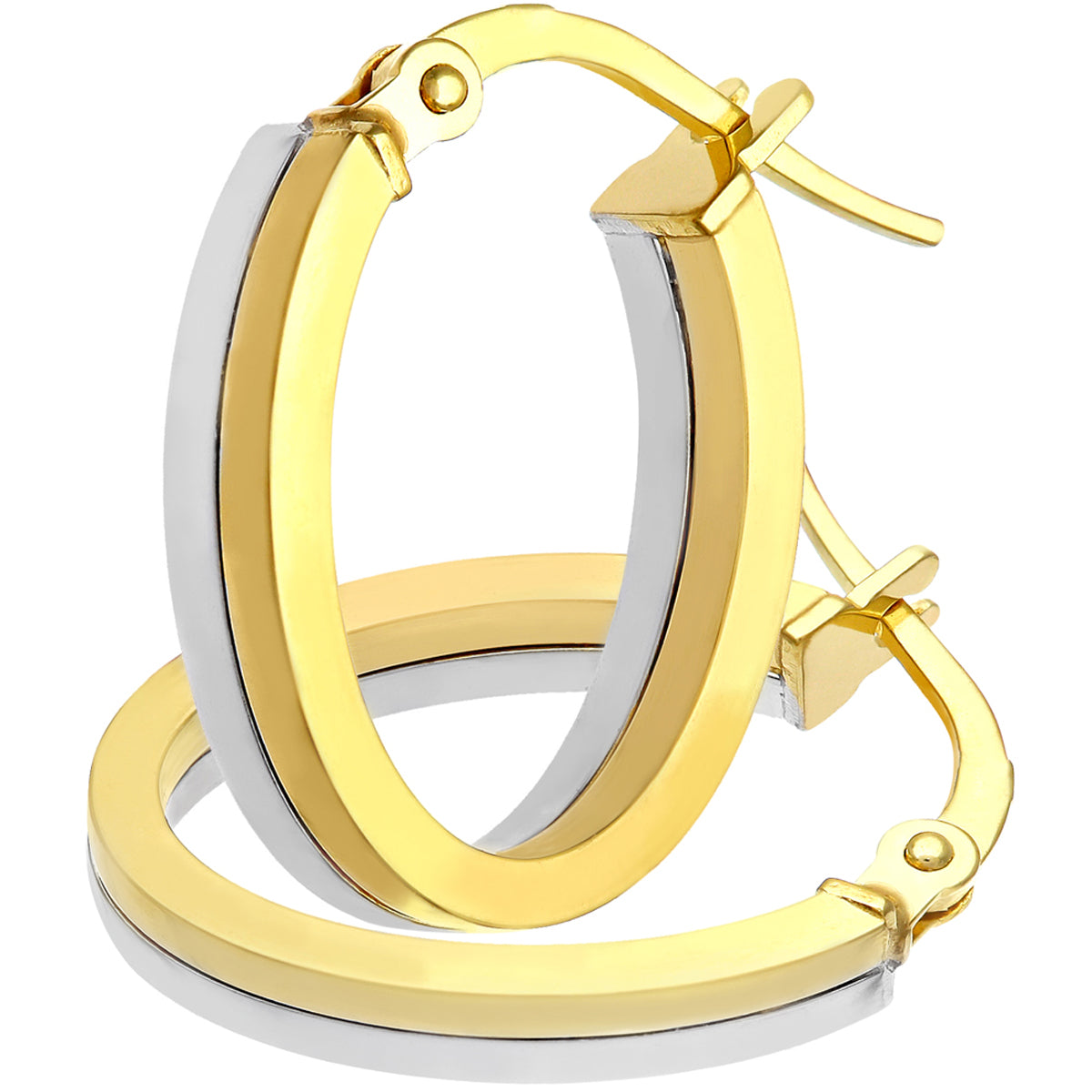 9ct White and Yellow Gold Small Layered Square Tube Oval Hoop Earrings