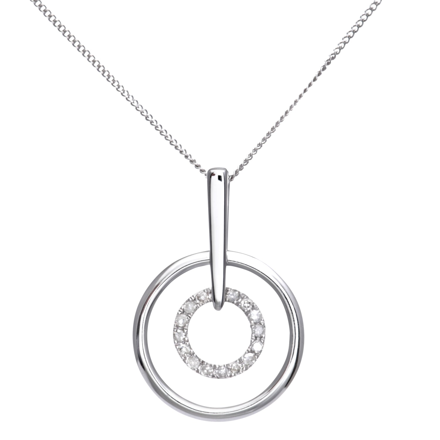 9ct White Gold Diamond Circle Drop Pendant and Chain of 46cm