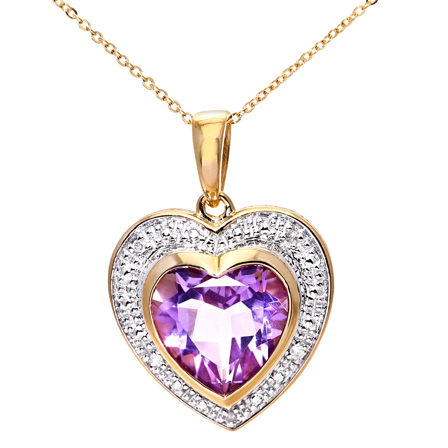 9ct Yellow Gold Diamond and Amethyst Ladies Heart Pendant and 18" Chain
