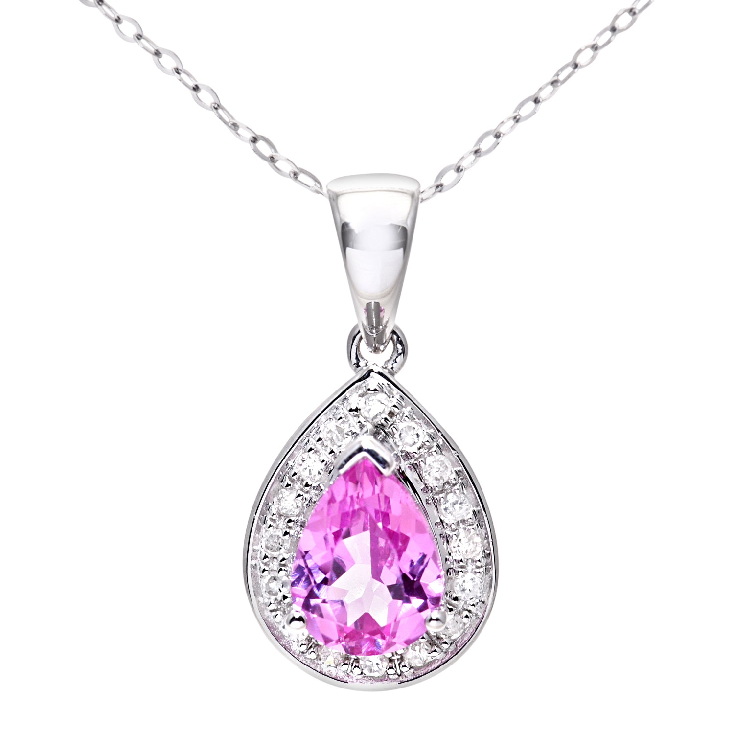 9ct White Gold Diamond and Pink Sapphire Ladies Pendant and 18" Chain