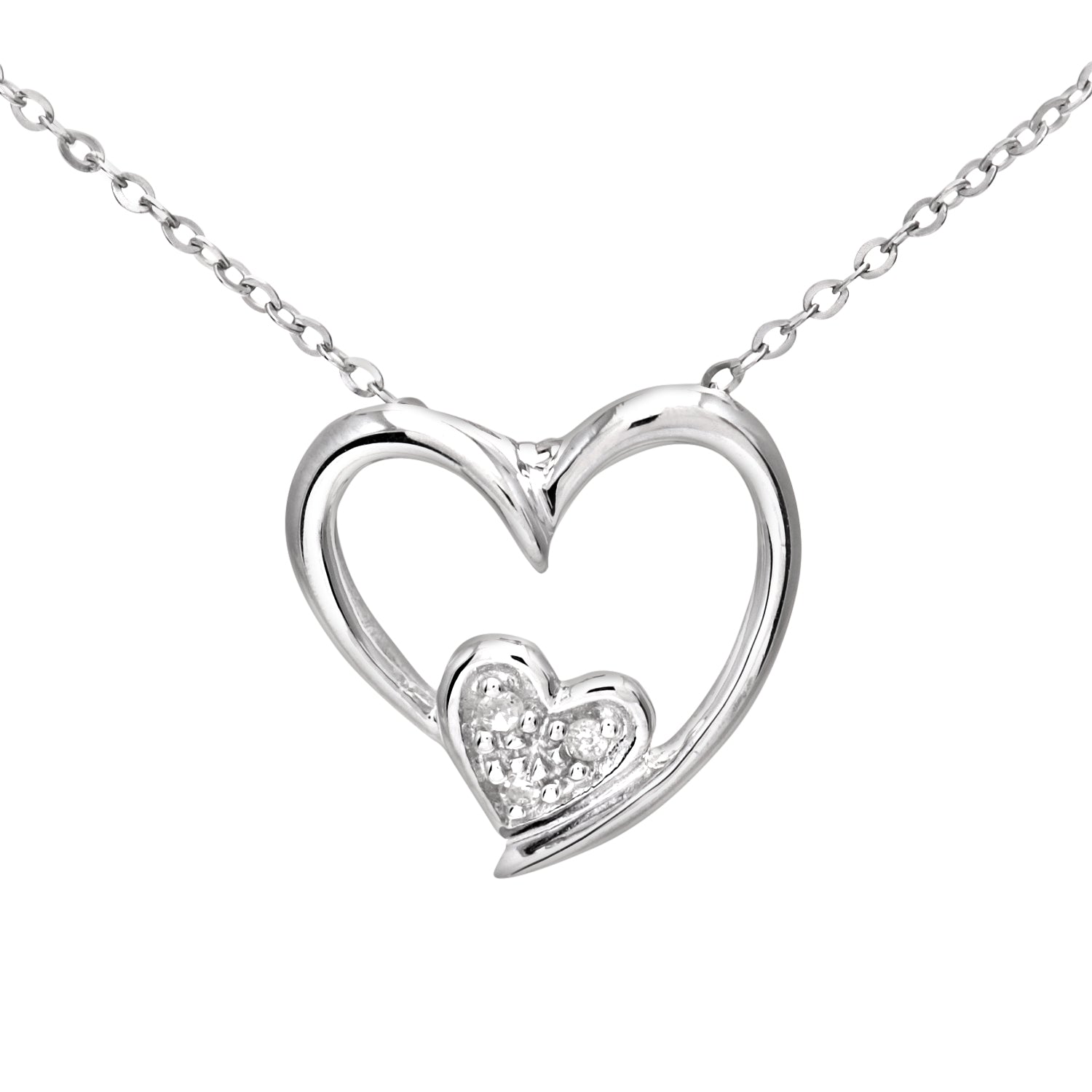 9ct White Gold Pave Set Diamond Double Heart Pendant and 18" Chain