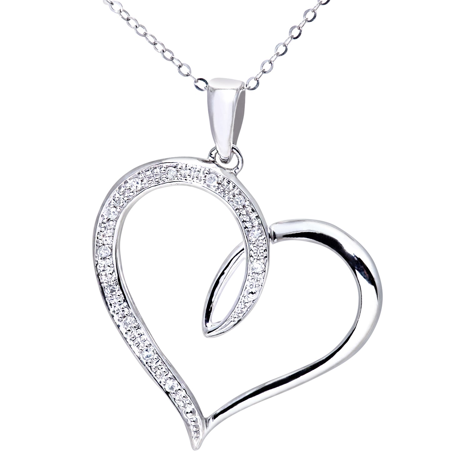 9ct White Gold Diamond Heart Pendant + 18" Trace Chain