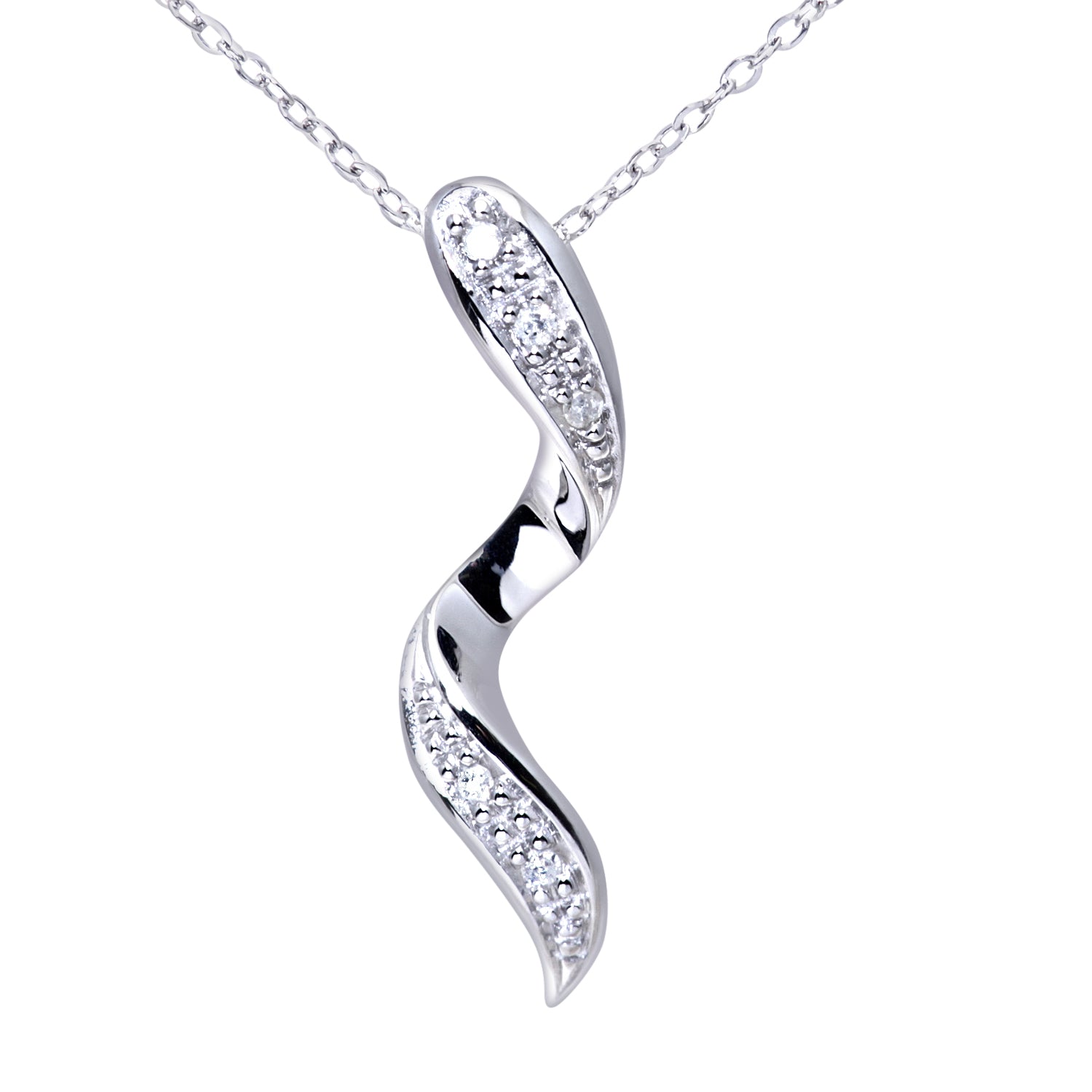 Ladies 9ct White Gold Diamond Twist Pendant + 18" Trace Chain