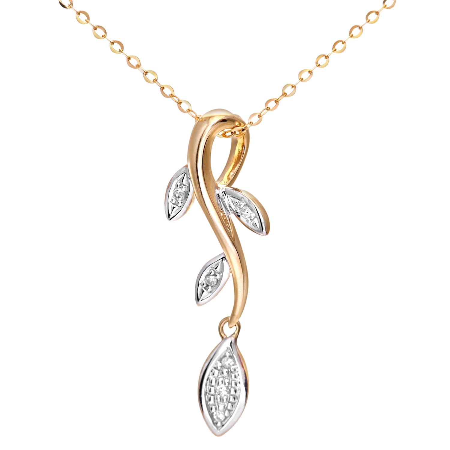 Ladies 9ct Yellow Gold Diamond Leaf Drop Pendant + 18" Trace Chain
