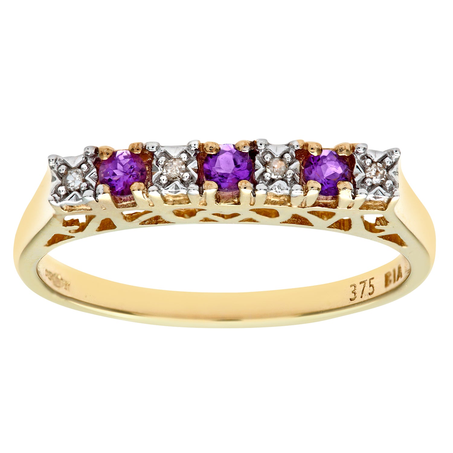 9ct Yellow Gold Diamond and Amethyst 7 Stone Eternity Ladies Ring