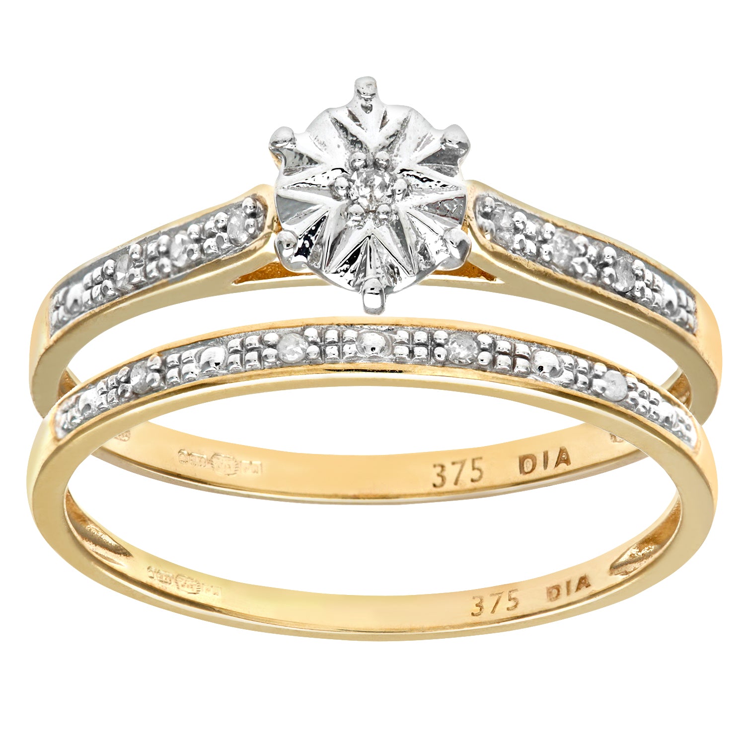 9ct Yellow Gold 0.05ct Diamond Bridal Set Ring