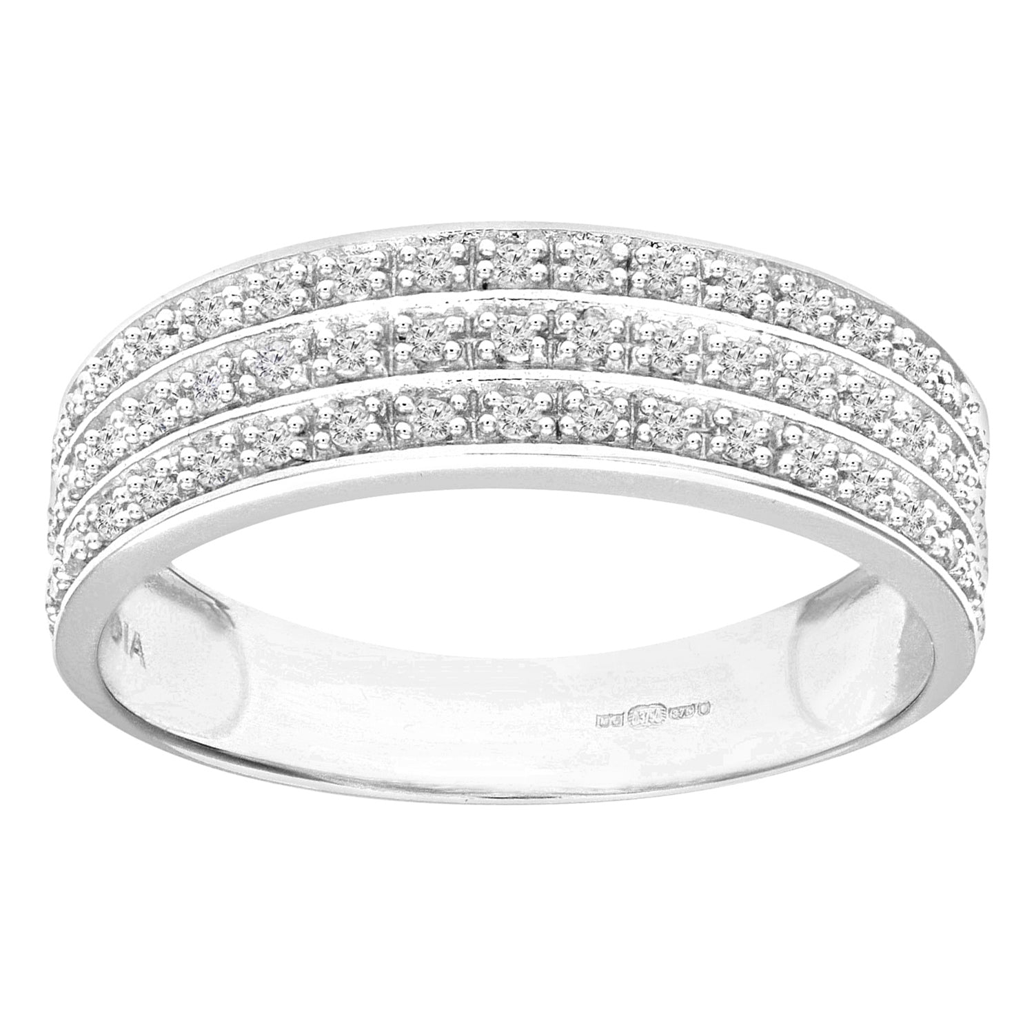 9ct White Gold Quarter Carat Triple Row Diamond Half Eternity Ring