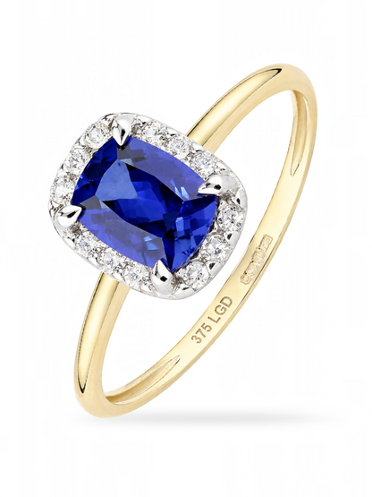 Ring, mit synth. Saphir, 375 Gelbgold