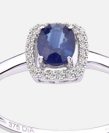 Cluster-Ring aus 375 Weißgold mit Diamant mit Saphir