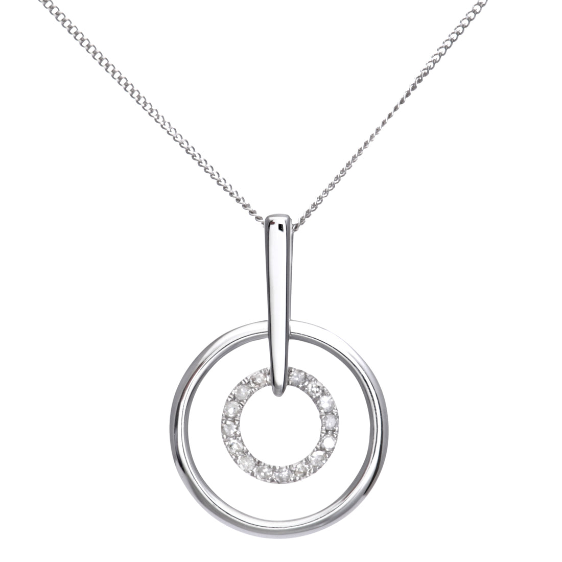 9ct White Gold Diamond Circle Drop Pendant and Chain of 46cm