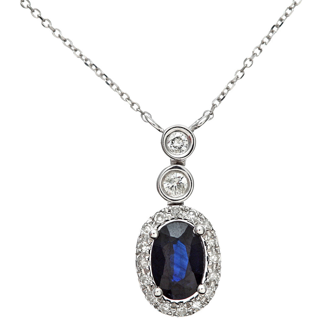 9ct White Gold 0.60ct Blue Sapphire and Diamonds Oval Pendant with 40cm Chain