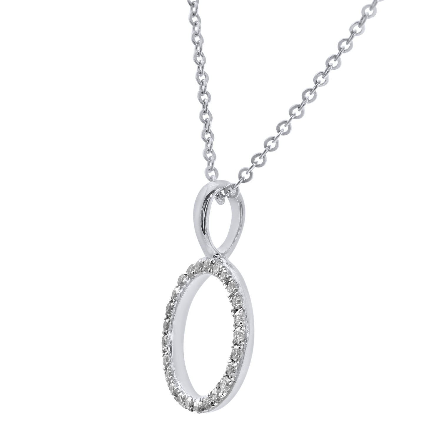 9ct White Gold 0.08ct Pave Set Diamond Open Ring Pendant with Chain of 46cm