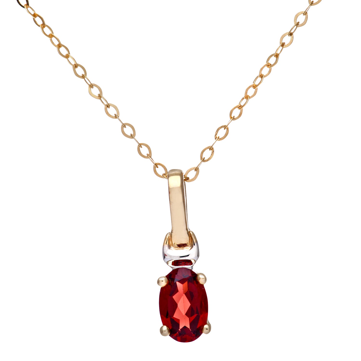 9ct Yellow and White Gold Ladies Garnet Birth Stone Pendant + 16&quot; Yellow Gold Trace Chain