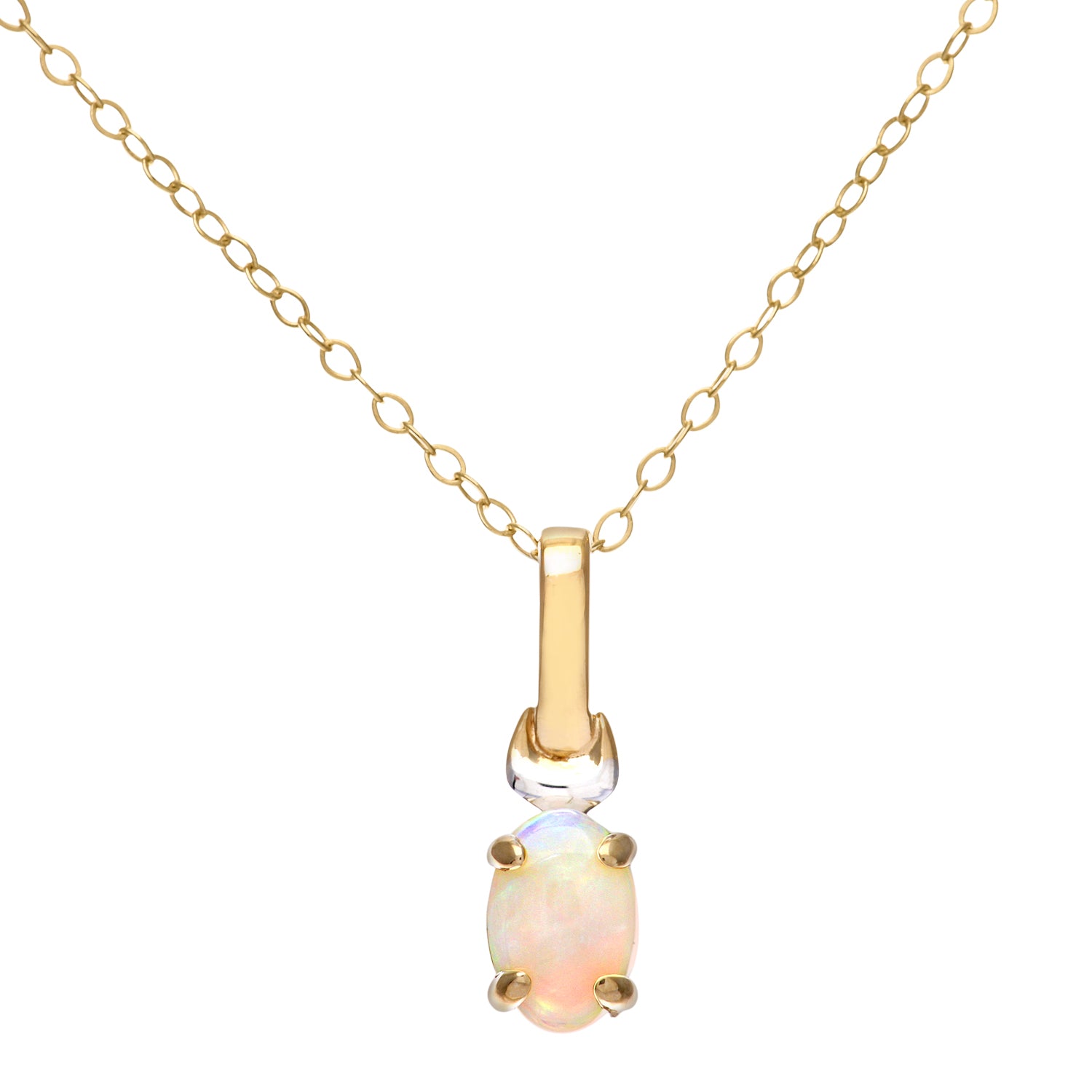 9ct Yellow and White Gold Ladies Opal Birth Stone Pendant + 16&quot; Yellow Gold Trace Chain
