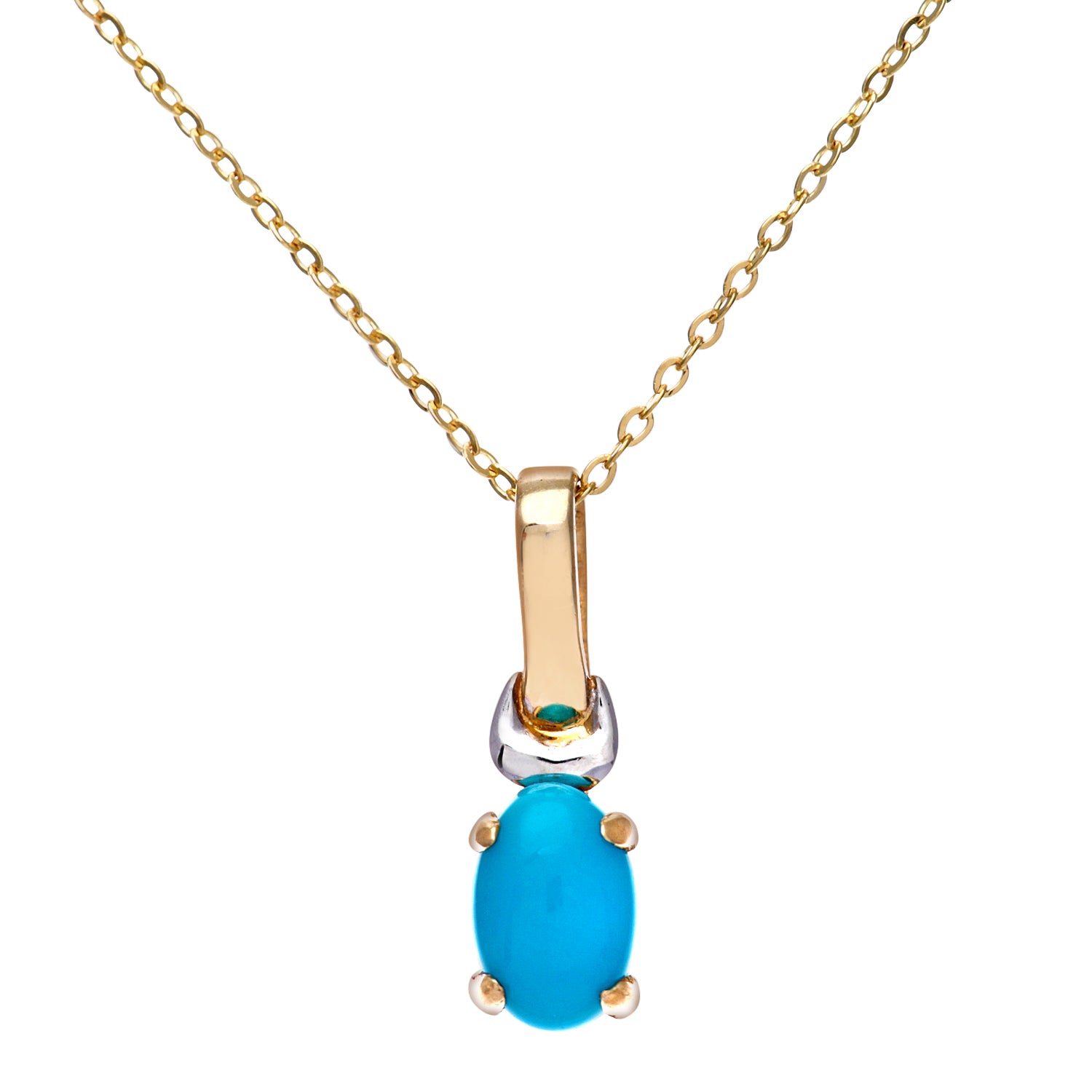 9ct Yellow and White Gold Ladies Turquoise Birth Stone Pendant + 16&quot; Yellow Gold Trace Chain