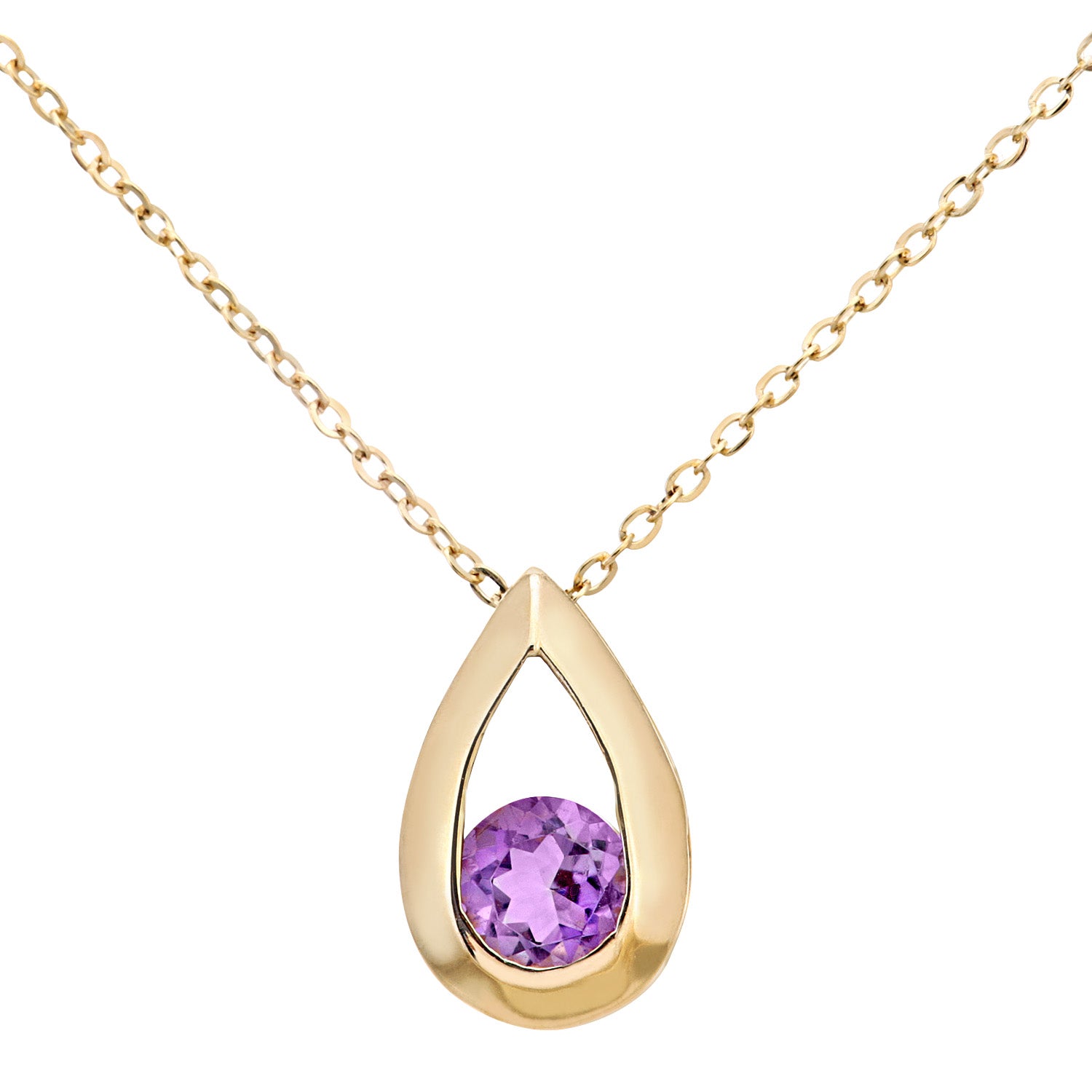 9ct Yellow Gold 0.20ct Amethyst Tear Drop Pendant + 18&quot; Chain