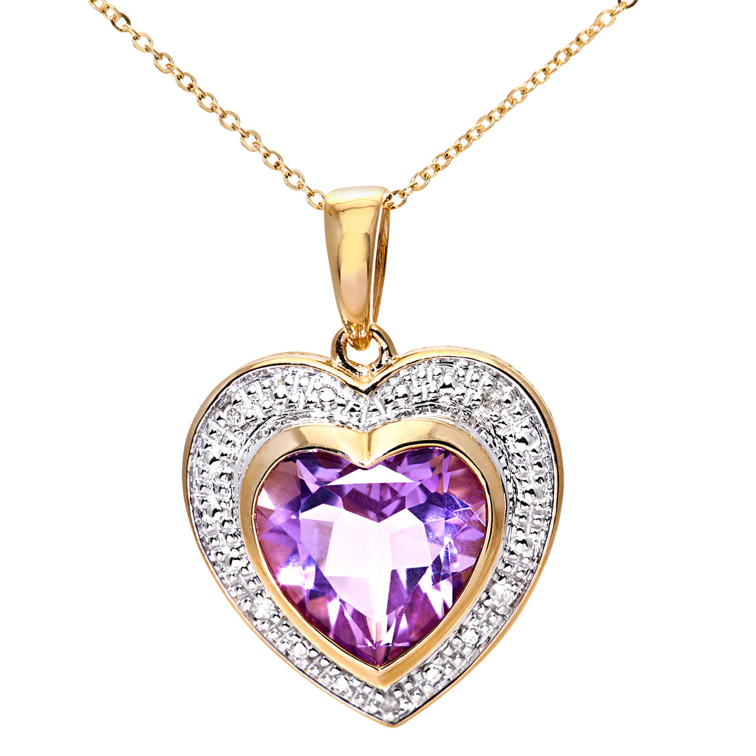 9ct Yellow Gold Diamond and Amethyst Ladies Heart Pendant and 18&quot; Chain