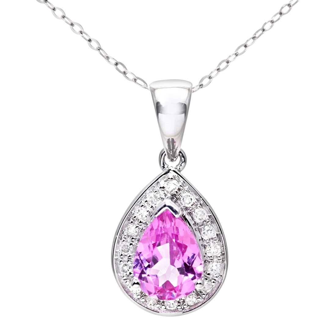 9ct White Gold Diamond and Pink Sapphire Ladies Pendant and 18" Chain