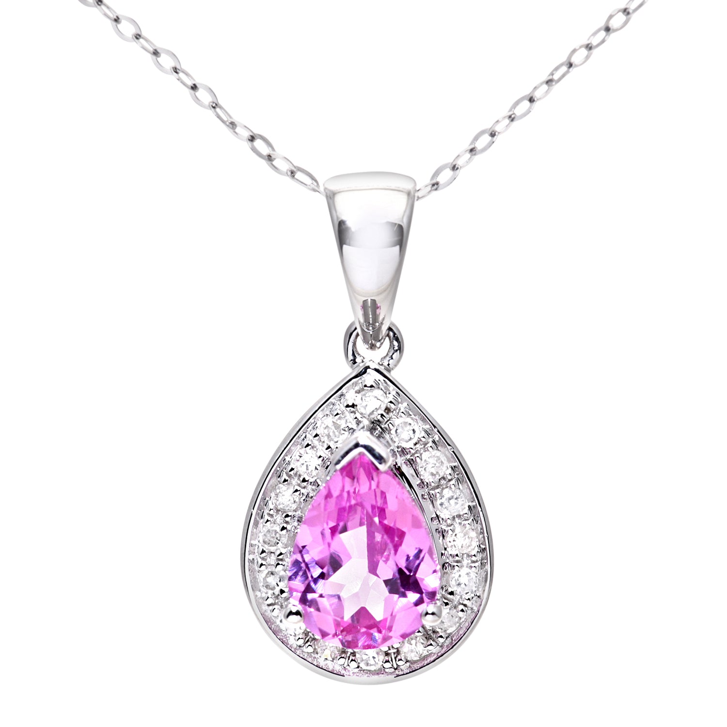 9ct White Gold Diamond and Pink Sapphire Ladies Pendant and 18&quot; Chain
