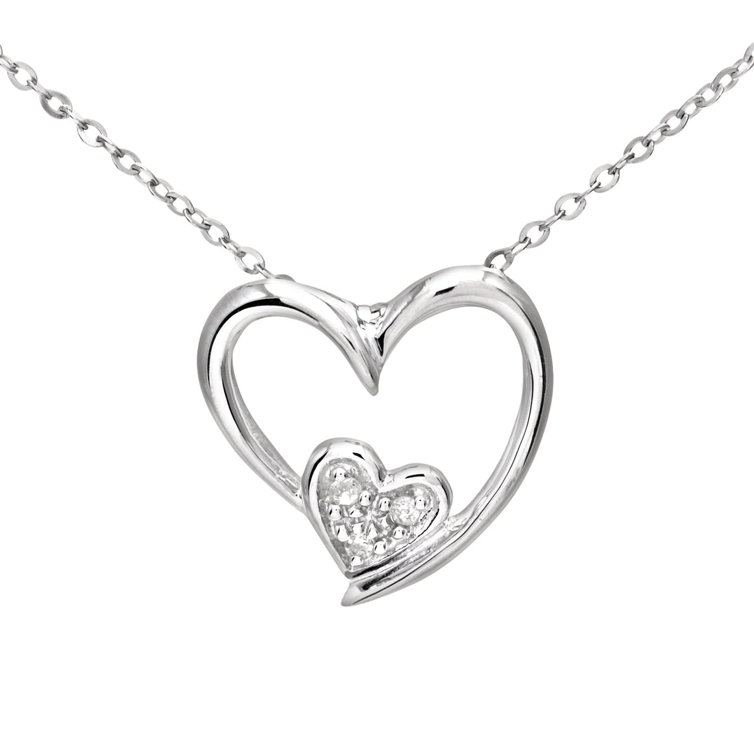 9ct White Gold Pave Set Diamond Double Heart Pendant and 18" Chain