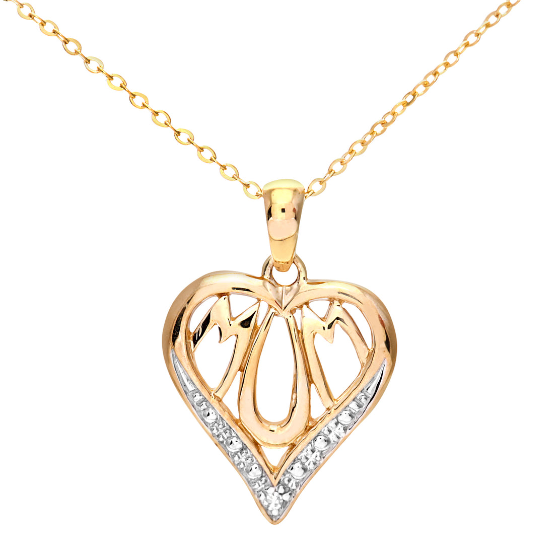 9ct Yellow Gold Diamond Mum Pendant Heart Shape 18&quot; Chain