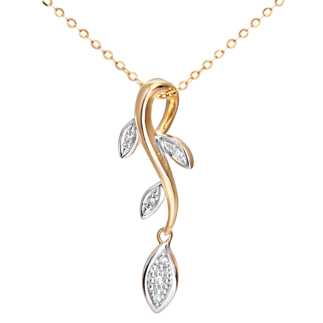 Ladies 9ct Yellow Gold Diamond Leaf Drop Pendant + 18" Trace Chain