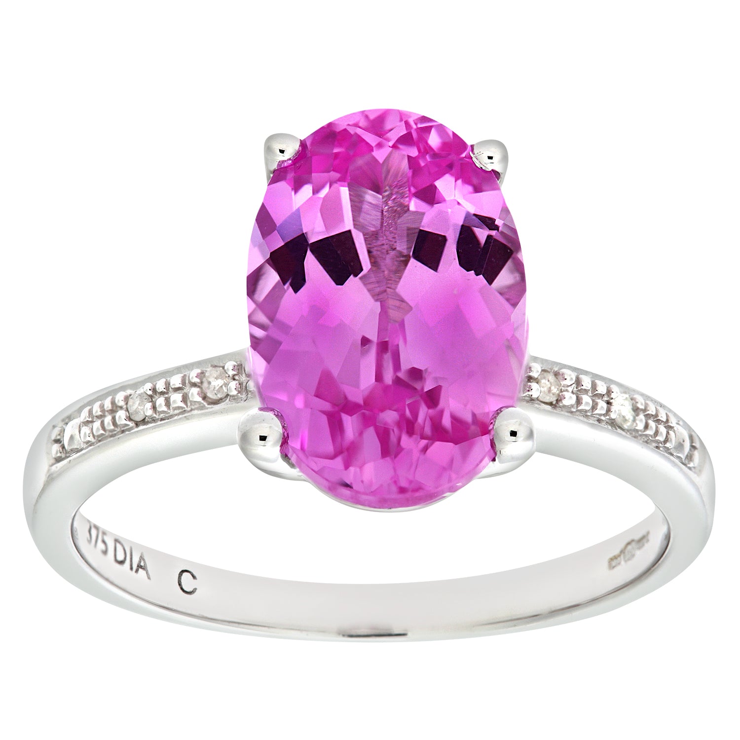 9ct White Gold Single Stone Pink Sapphire with Diamond Collette and Shoulders Ladies Ring