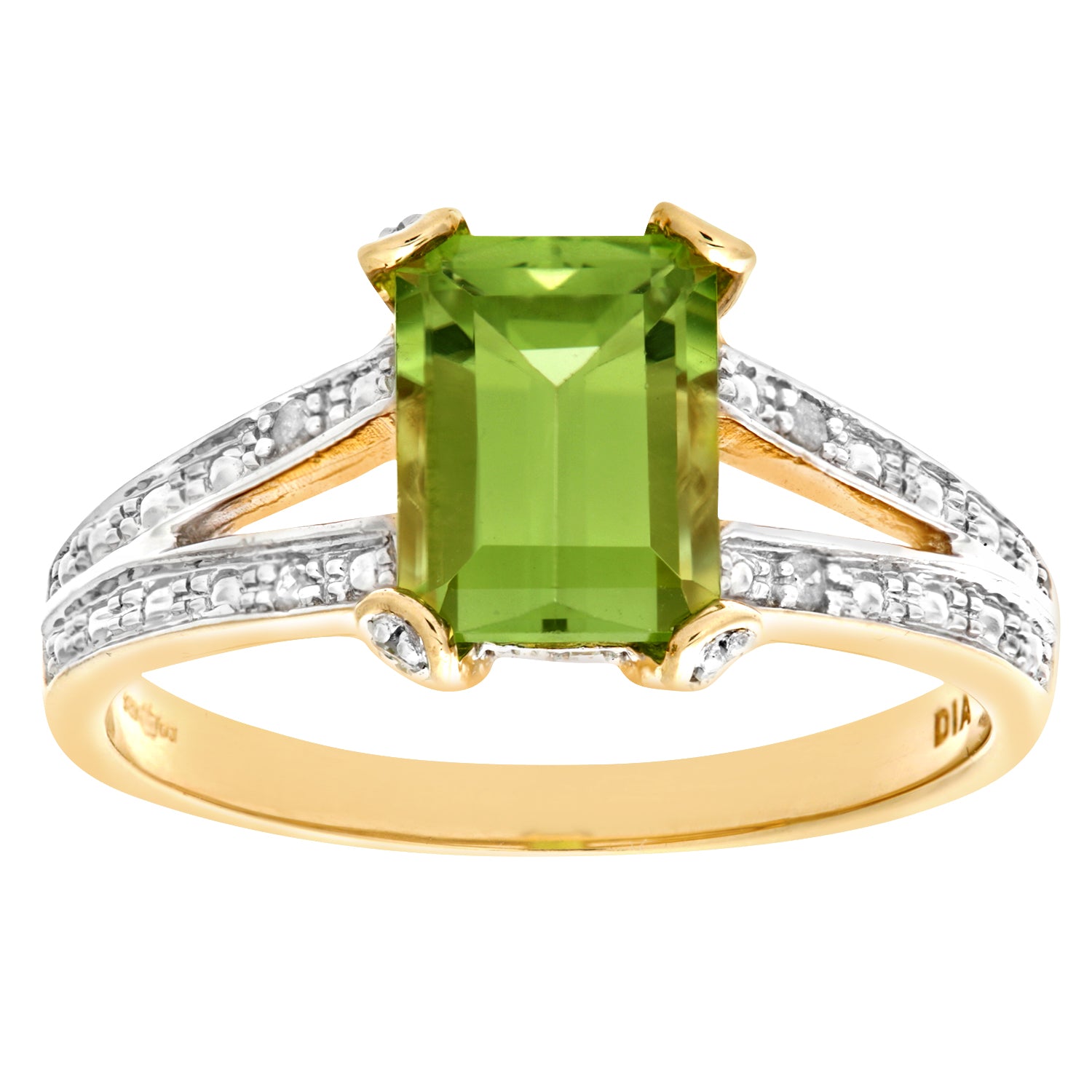 9ct Yellow Gold Single Stone Peridot with Diamond Set Collette and Shoulders Ladies Ring