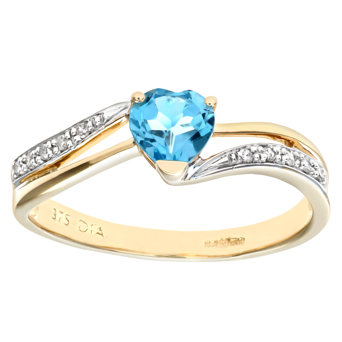 Ladies 9ct Yellow Gold Diamond and Heart Blue Topaz Ring